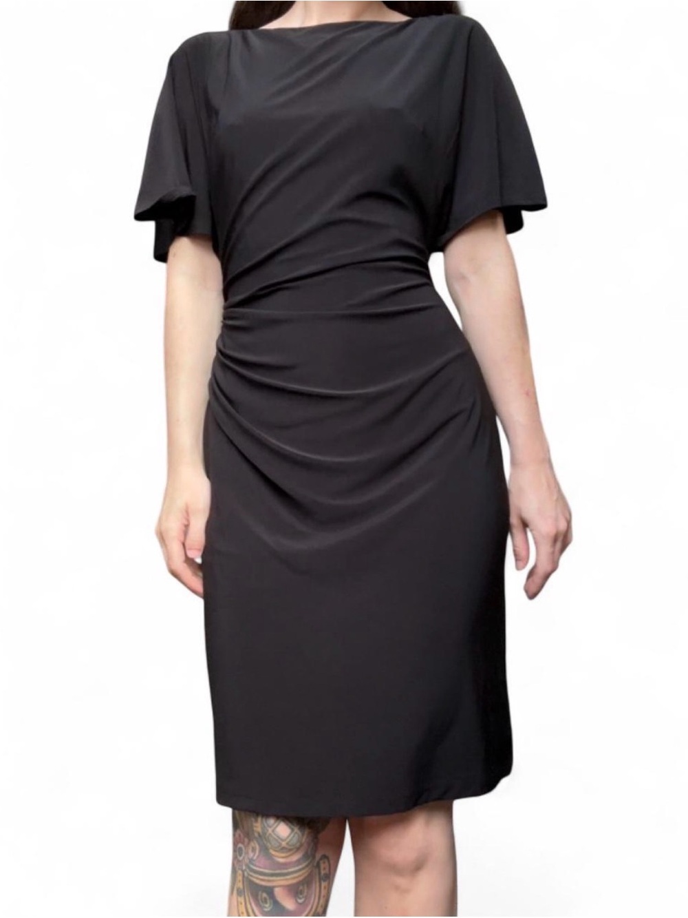 Ralph Lauren Black Ruched Midi Dress | Flutter Sleeve | Size 4
